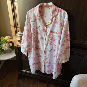 Mahogany Womens Floral Hummingbird Cotton Nightshirt Button Front Pink L